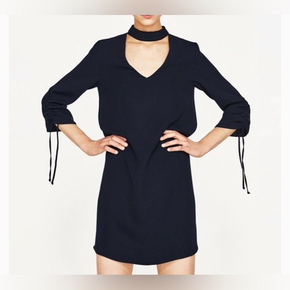 Zara Navy Flowy Long Sleeve Dress Size XS - Picture 4 of 7